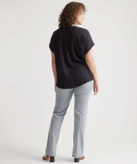 Quince 100% Organic Cotton Gauze Roll Sleeve Shirt in Black size S - Picture 4 of 7